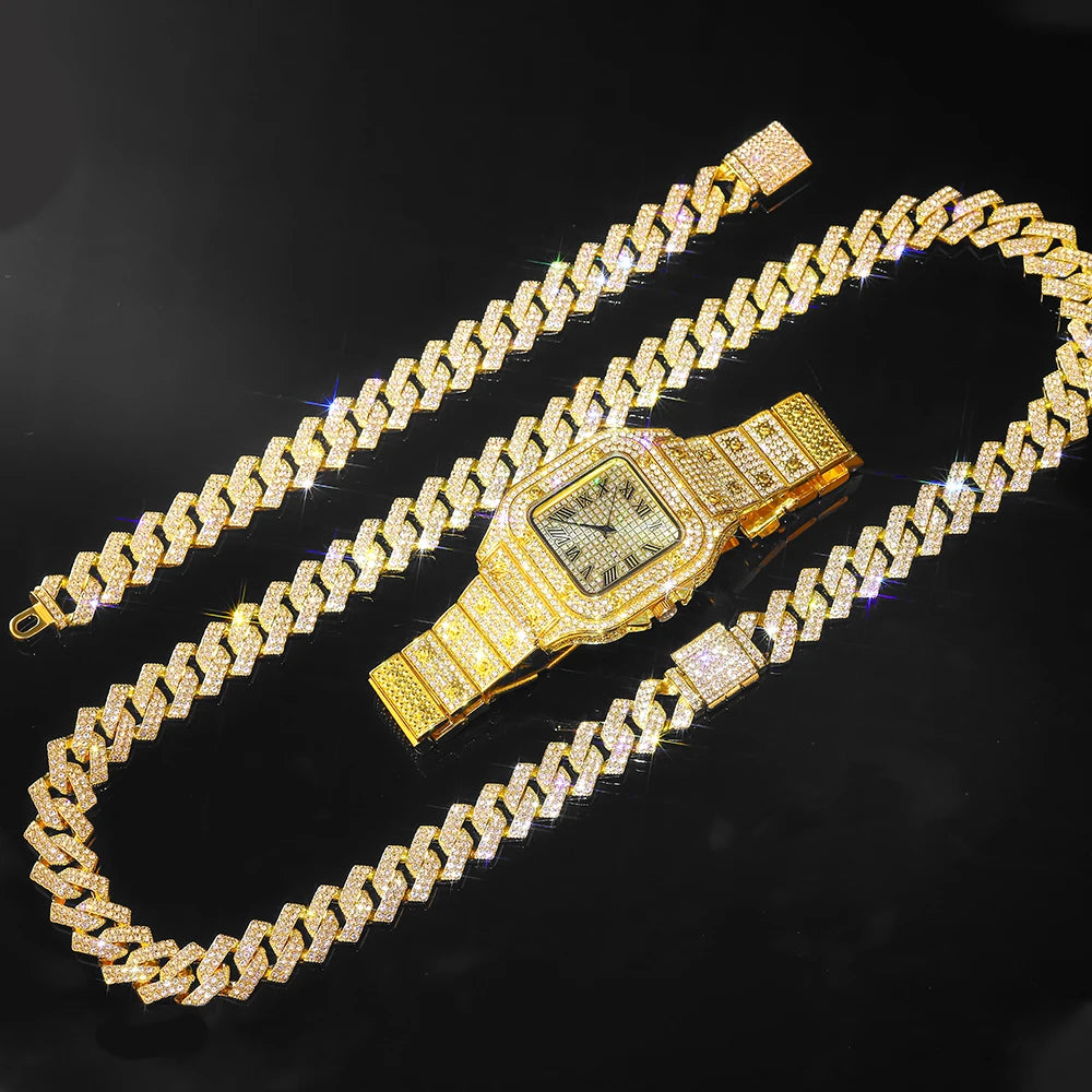 Men’s Gold Cuban Chain & Iced Out Watch Set – Hip Hop Style with Bracelet