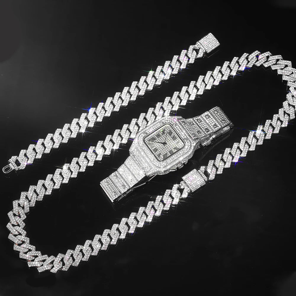 Men’s Gold Cuban Chain & Iced Out Watch Set – Hip Hop Style with Bracelet