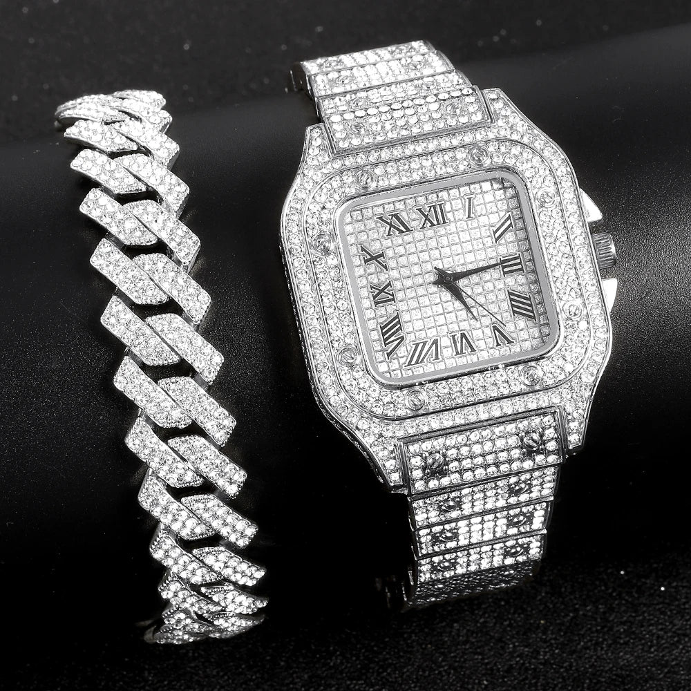 Men’s Gold Cuban Chain & Iced Out Watch Set – Hip Hop Style with Bracelet