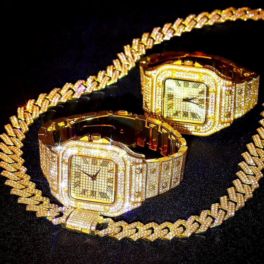 Men’s Gold Cuban Chain & Iced Out Watch Set – Hip Hop Style with Bracelet