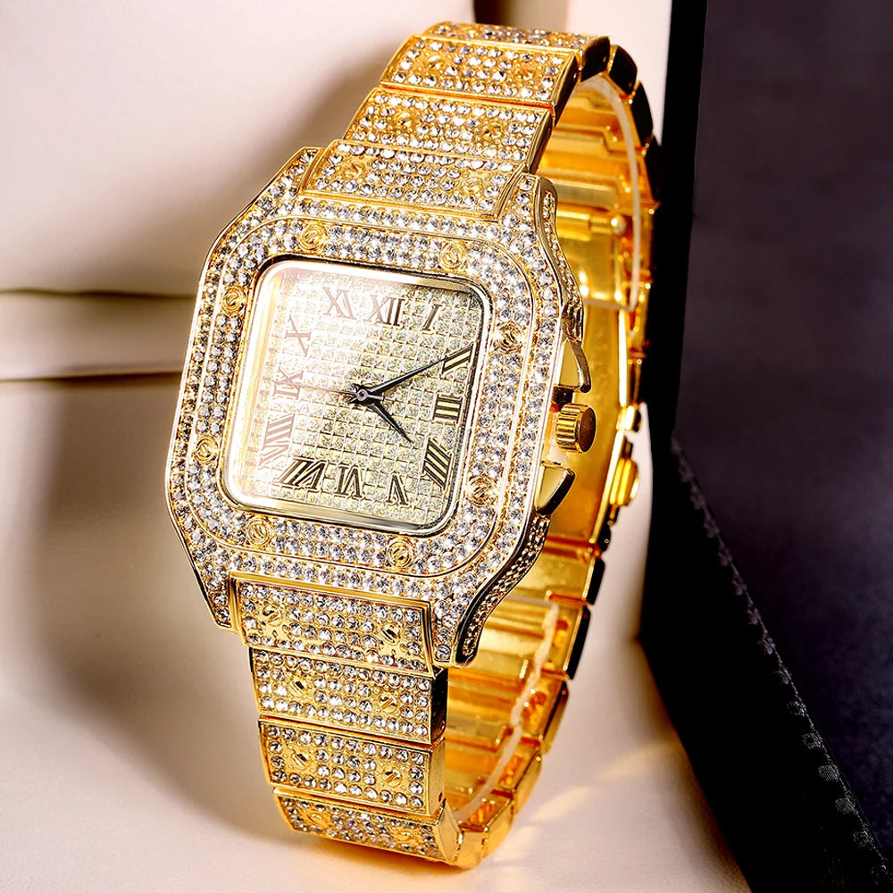 Men’s Gold Cuban Chain & Iced Out Watch Set – Hip Hop Style with Bracelet