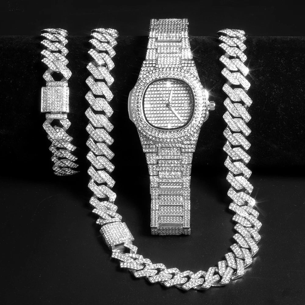 Men’s Gold Cuban Chain & Iced Out Watch Set – Hip Hop Style with Bracelet