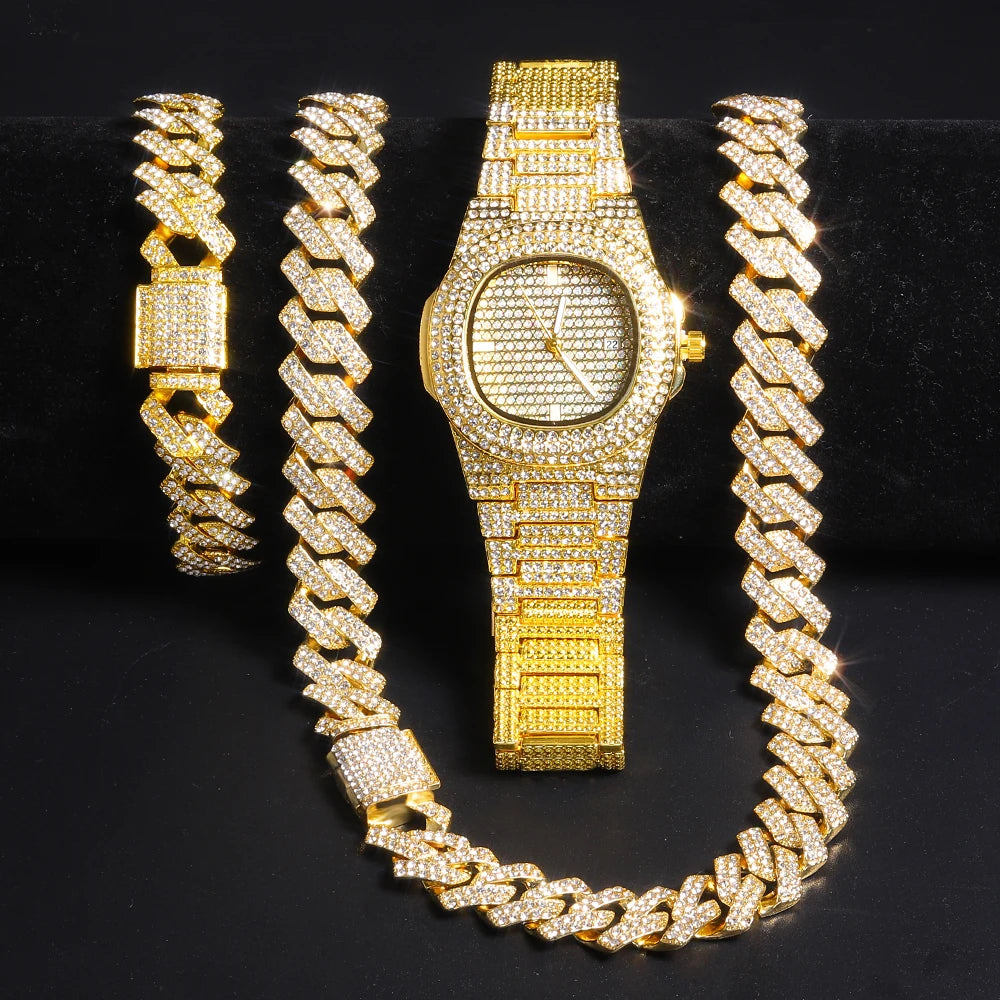 Men’s Gold Cuban Chain & Iced Out Watch Set – Hip Hop Style with Bracelet