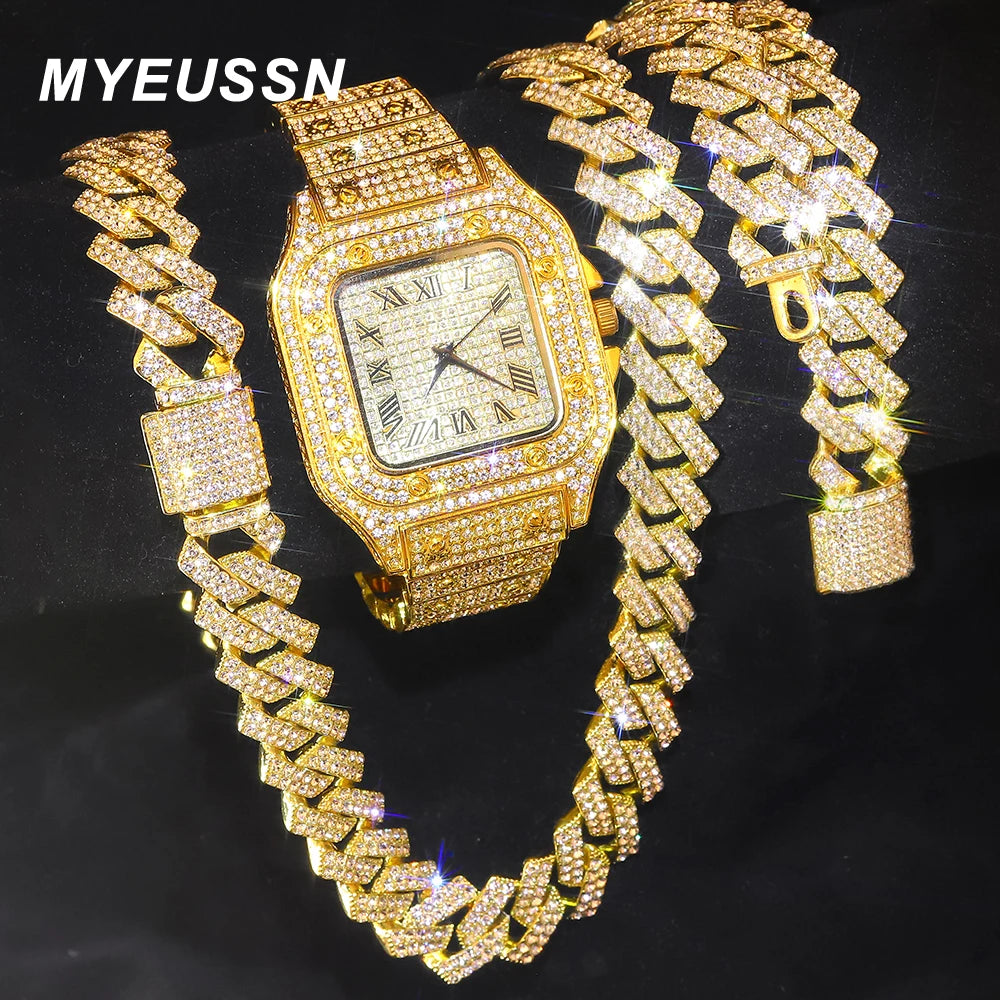 Men’s Gold Cuban Chain & Iced Out Watch Set – Hip Hop Style with Bracelet