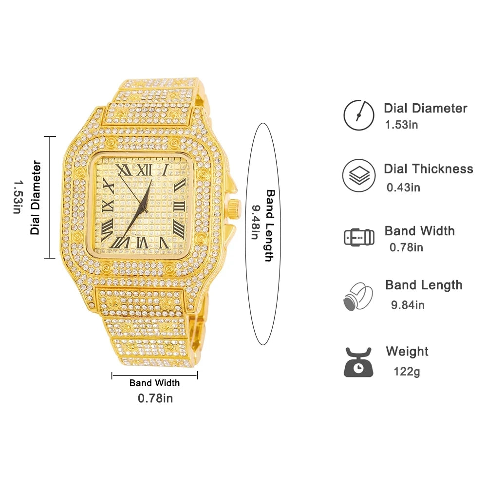 Men’s Gold Cuban Chain & Iced Out Watch Set – Hip Hop Style with Bracelet