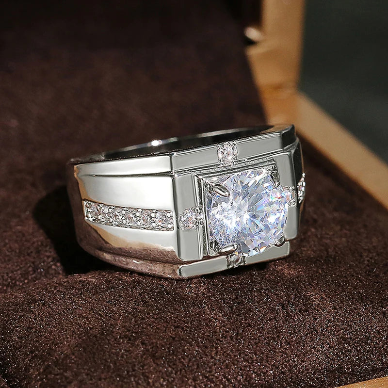 Huitan Luxury Silver Color Round Cubic Zircon Rings for Men Classic Wedding Ceremony Ring Dazzling Male Accessories Jewelry Hot