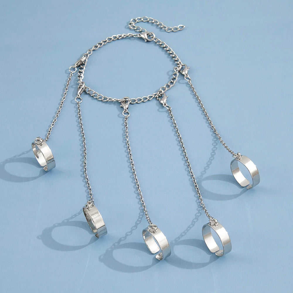 Hip-Hop Punk Silver Ring & Bracelet Set – 5-Finger Connected Chain Jewelry