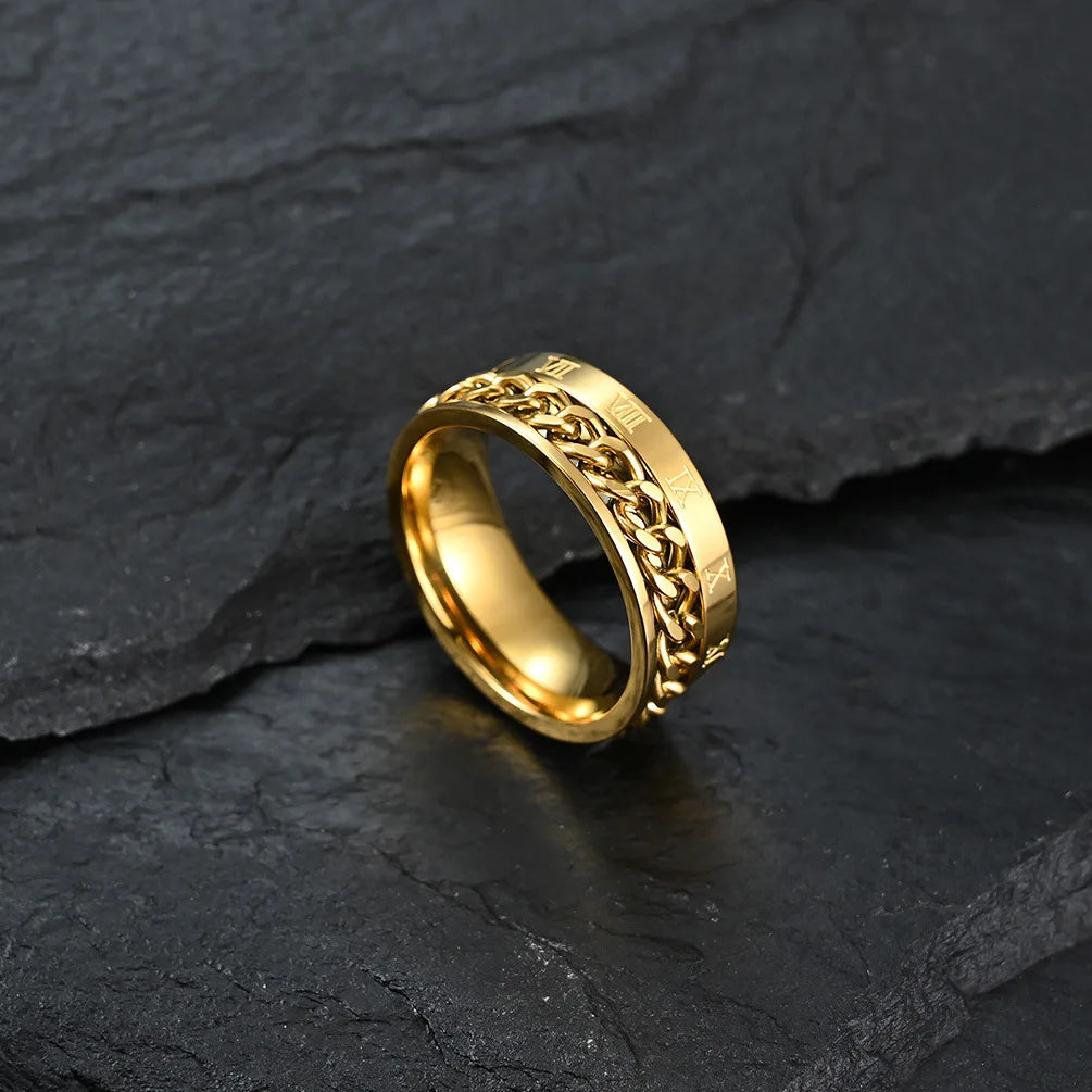 Men's Stainless Steel Roman Numeral Spinner Ring – Fidget Anxiety Ring, Black Rotating Chain Design