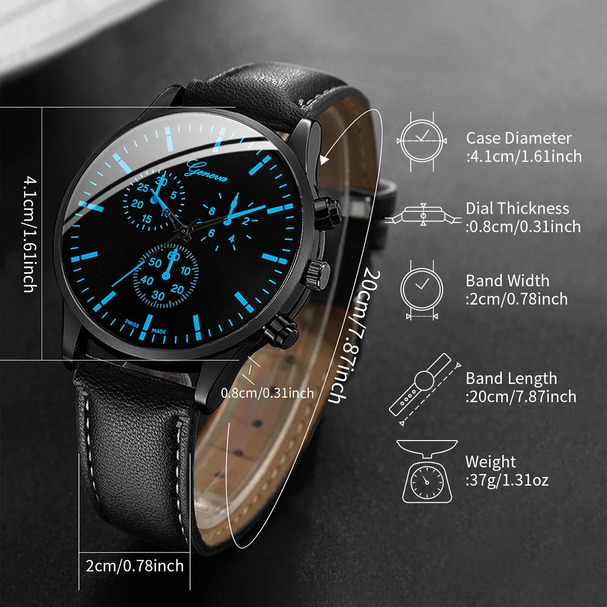 Men's Watch Set: Leather Band Quartz Watch with Necklace & Bracelet