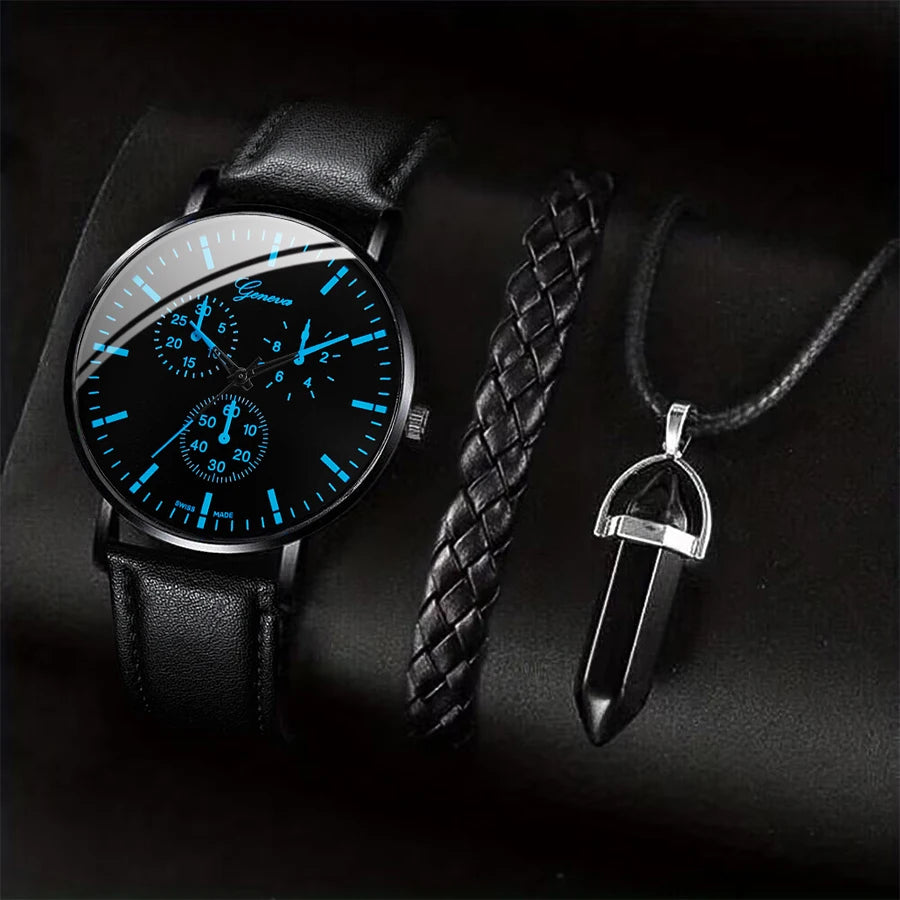 Men's Watch Set: Leather Band Quartz Watch with Necklace & Bracelet