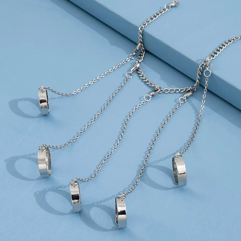 Hip-Hop Punk Silver Ring & Bracelet Set – 5-Finger Connected Chain Jewelry