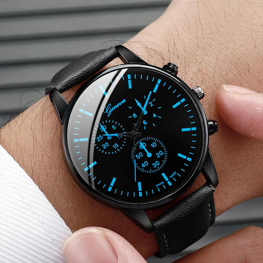 Men's Watch Set: Leather Band Quartz Watch with Necklace & Bracelet