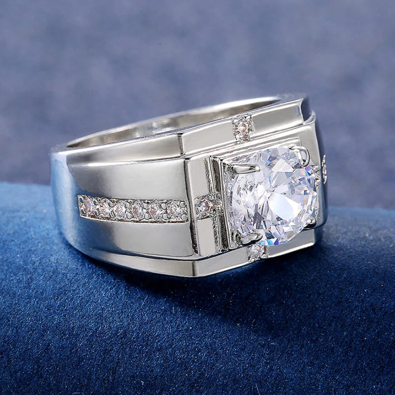 Huitan Luxury Silver Color Round Cubic Zircon Rings for Men Classic Wedding Ceremony Ring Dazzling Male Accessories Jewelry Hot