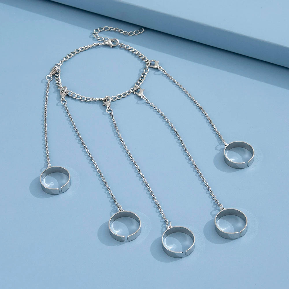 Hip-Hop Punk Silver Ring & Bracelet Set – 5-Finger Connected Chain Jewelry