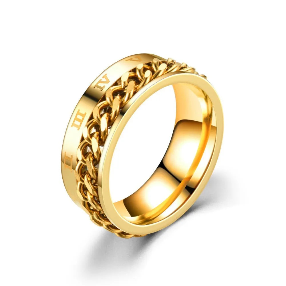 Men's Stainless Steel Roman Numeral Spinner Ring – Fidget Anxiety Ring, Black Rotating Chain Design
