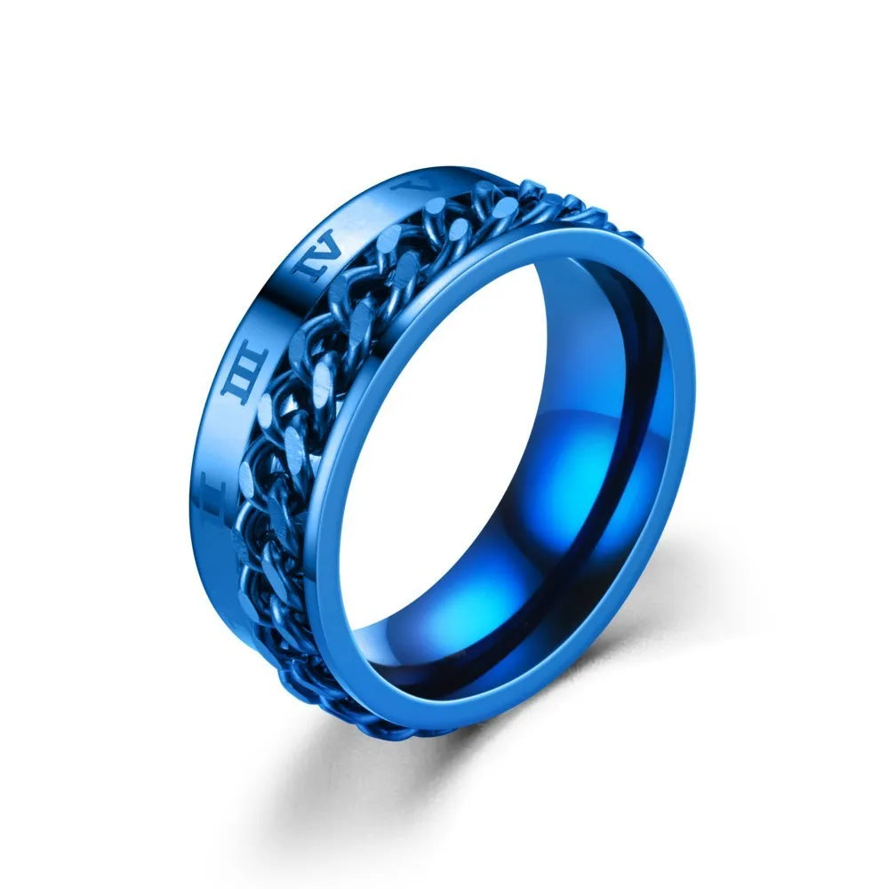 Men's Stainless Steel Roman Numeral Spinner Ring – Fidget Anxiety Ring, Black Rotating Chain Design