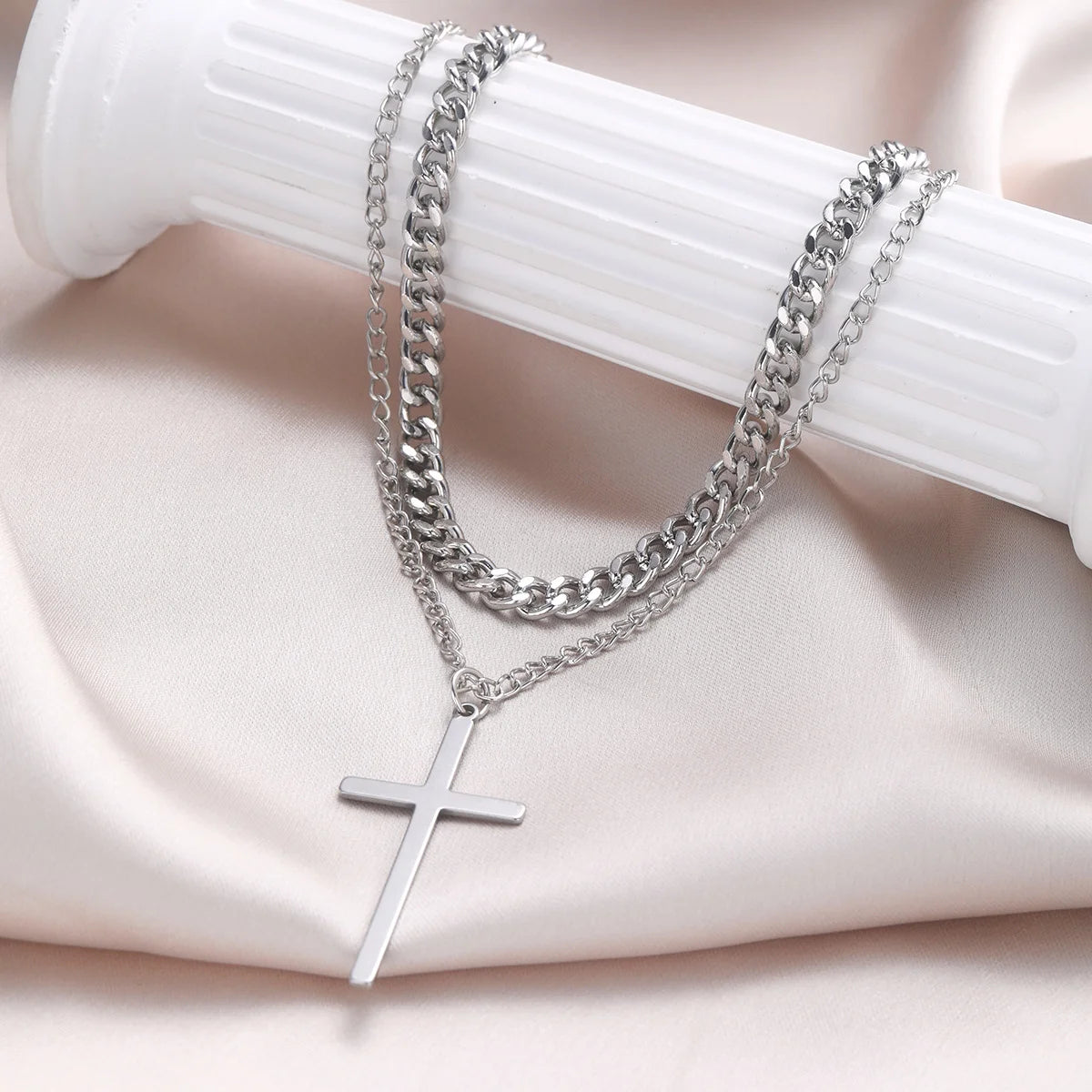 Punk Multilayer Cross Pendant Necklace -Vintage Cuban Chain