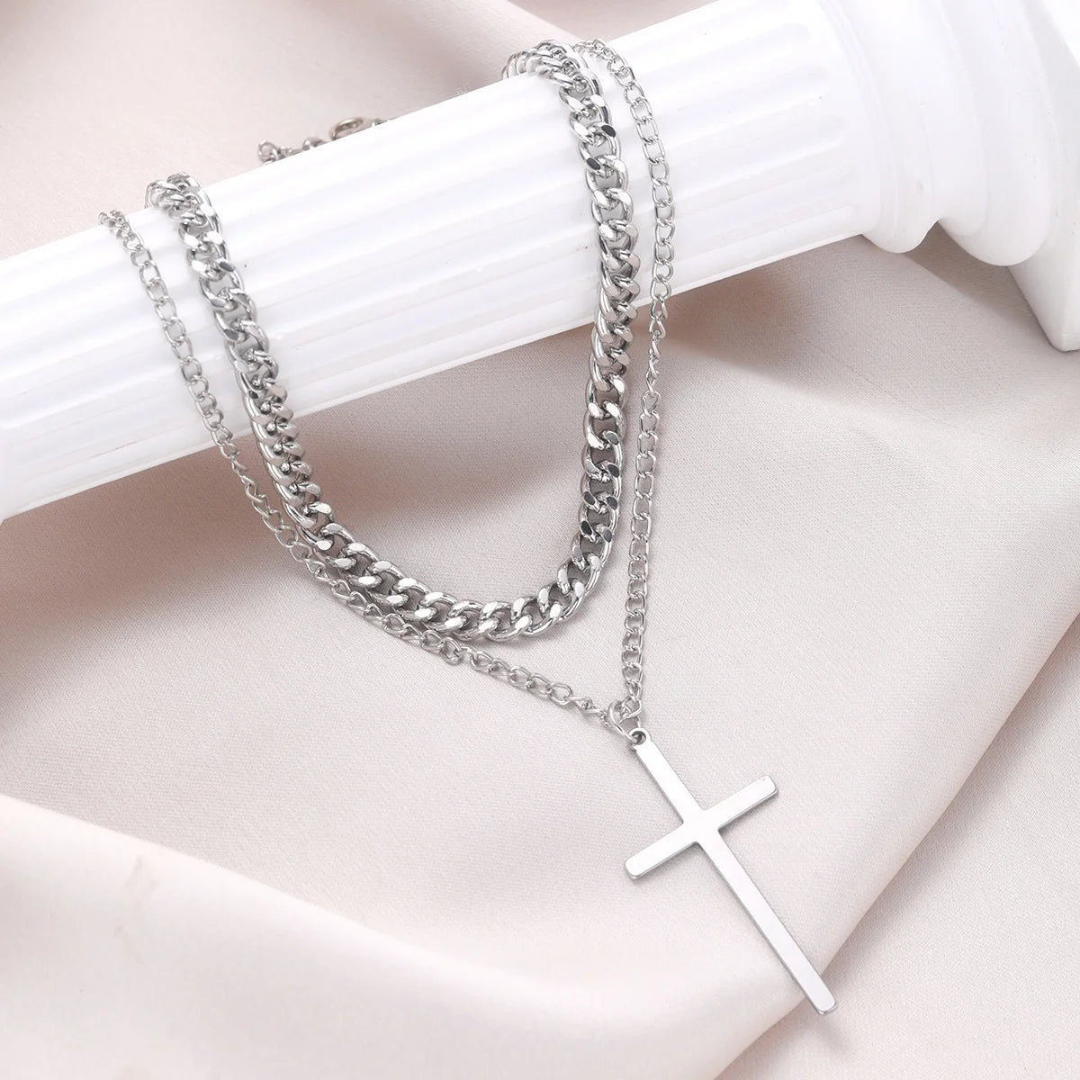 Punk Multilayer Cross Pendant Necklace -Vintage Cuban Chain
