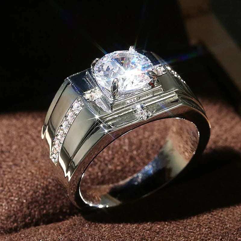 Huitan Luxury Silver Color Round Cubic Zircon Rings for Men Classic Wedding Ceremony Ring Dazzling Male Accessories Jewelry Hot