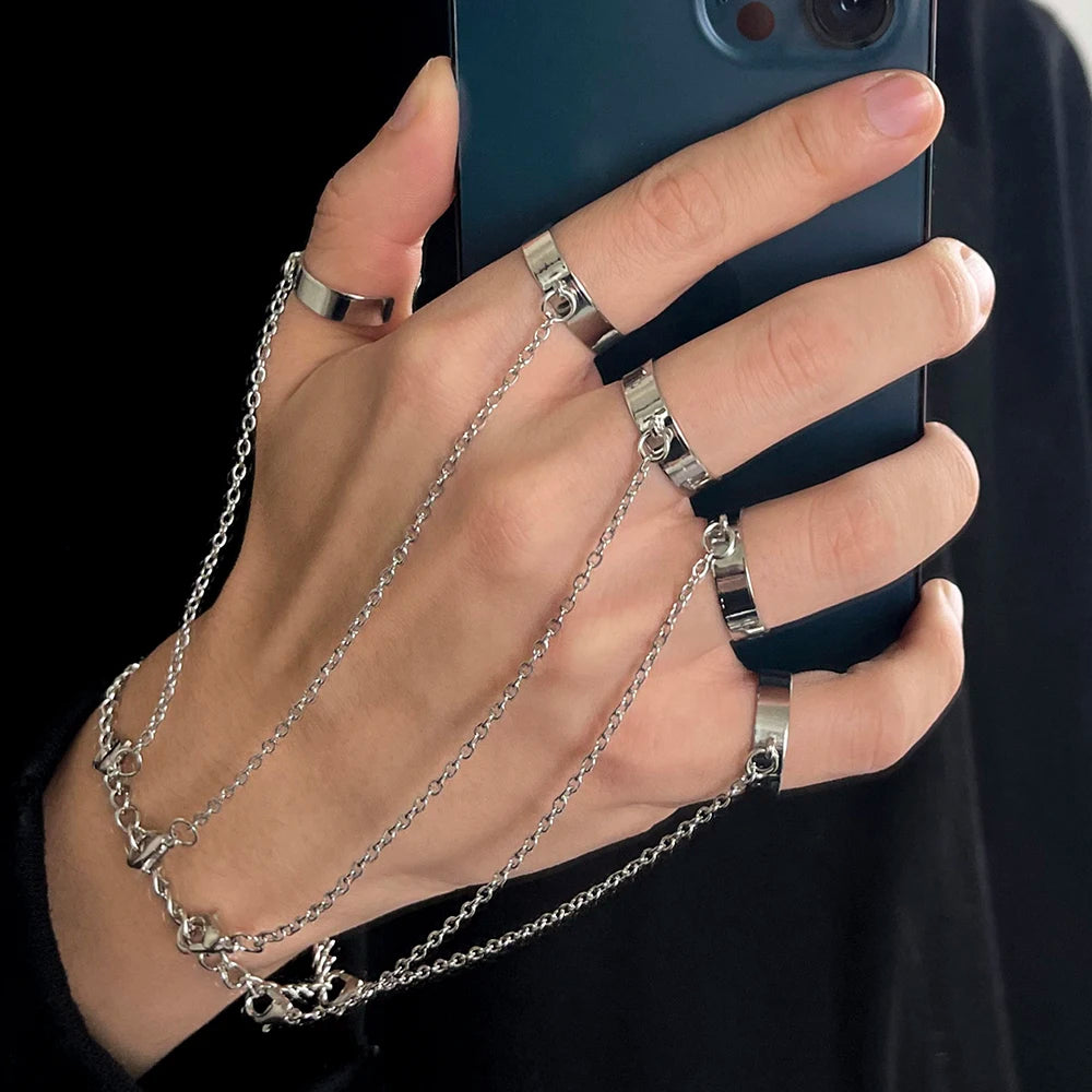 Hip-Hop Punk Silver Ring & Bracelet Set – 5-Finger Connected Chain Jewelry