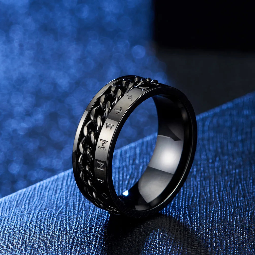 Men's Stainless Steel Roman Numeral Spinner Ring – Fidget Anxiety Ring, Black Rotating Chain Design