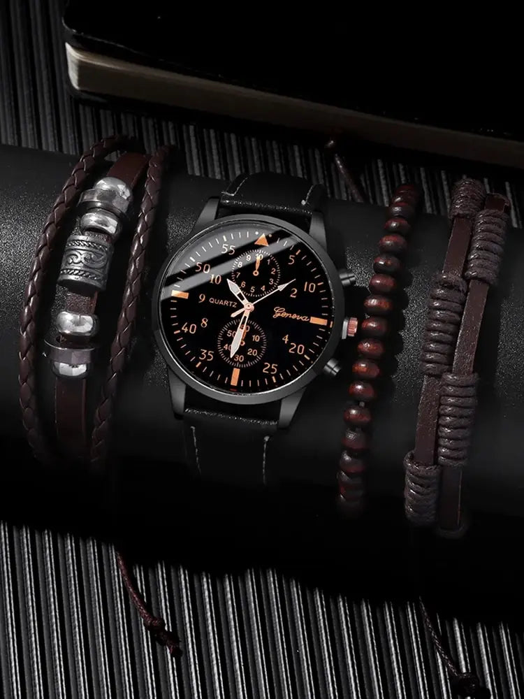 Men’s Quartz Watch & Bracelet Set – 4-Piece Business Casual Gift Pack