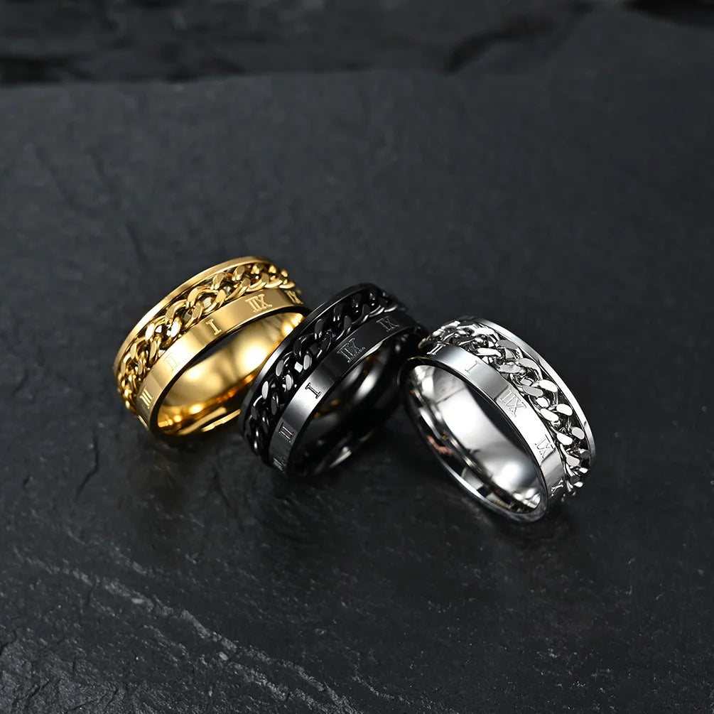 Men's Stainless Steel Roman Numeral Spinner Ring – Fidget Anxiety Ring, Black Rotating Chain Design