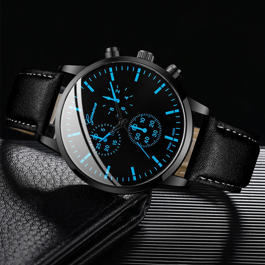 Men's Watch Set: Leather Band Quartz Watch with Necklace & Bracelet