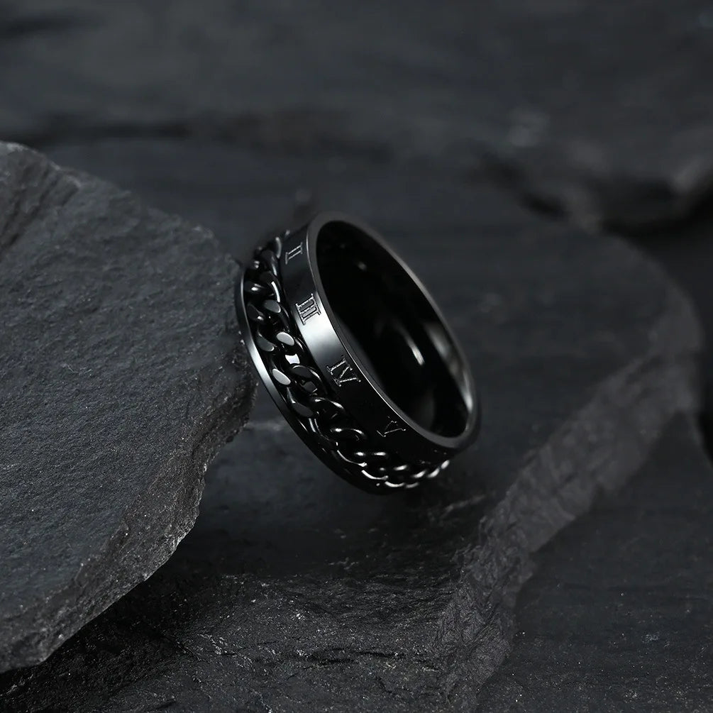 Men's Stainless Steel Roman Numeral Spinner Ring – Fidget Anxiety Ring, Black Rotating Chain Design
