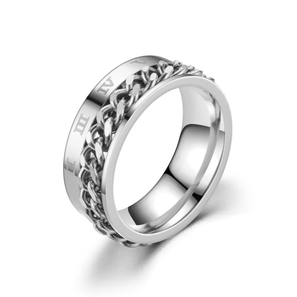 Men's Stainless Steel Roman Numeral Spinner Ring – Fidget Anxiety Ring, Black Rotating Chain Design