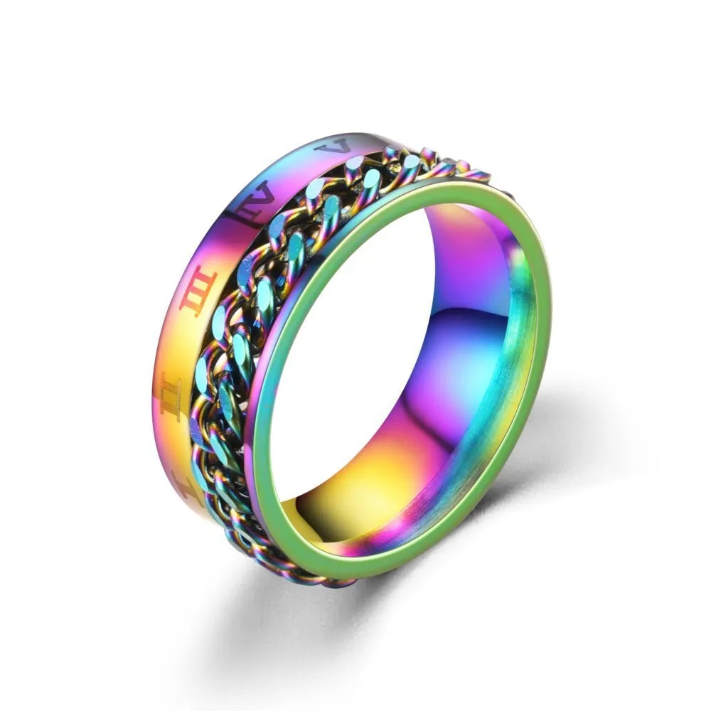 Men's Stainless Steel Roman Numeral Spinner Ring – Fidget Anxiety Ring, Black Rotating Chain Design