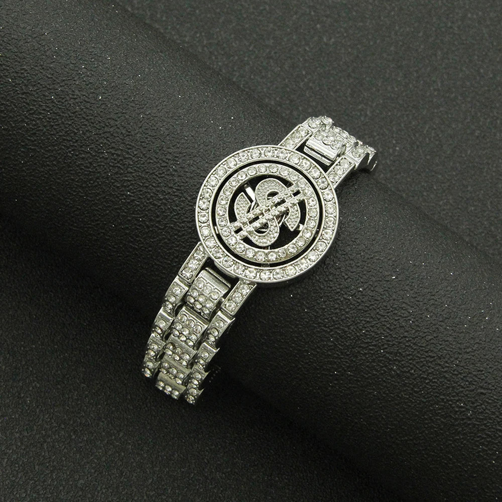 Shiny Gold Cuban Link Chain Bracelet – Iced Out Rhinestone Wristband for Men & Women