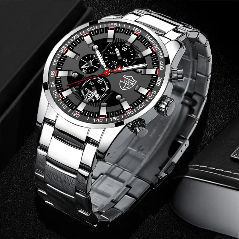 Men’s Luxury Stainless Steel Quartz Watch Set – Calendar Wristwatch with Bracelet & Necklace