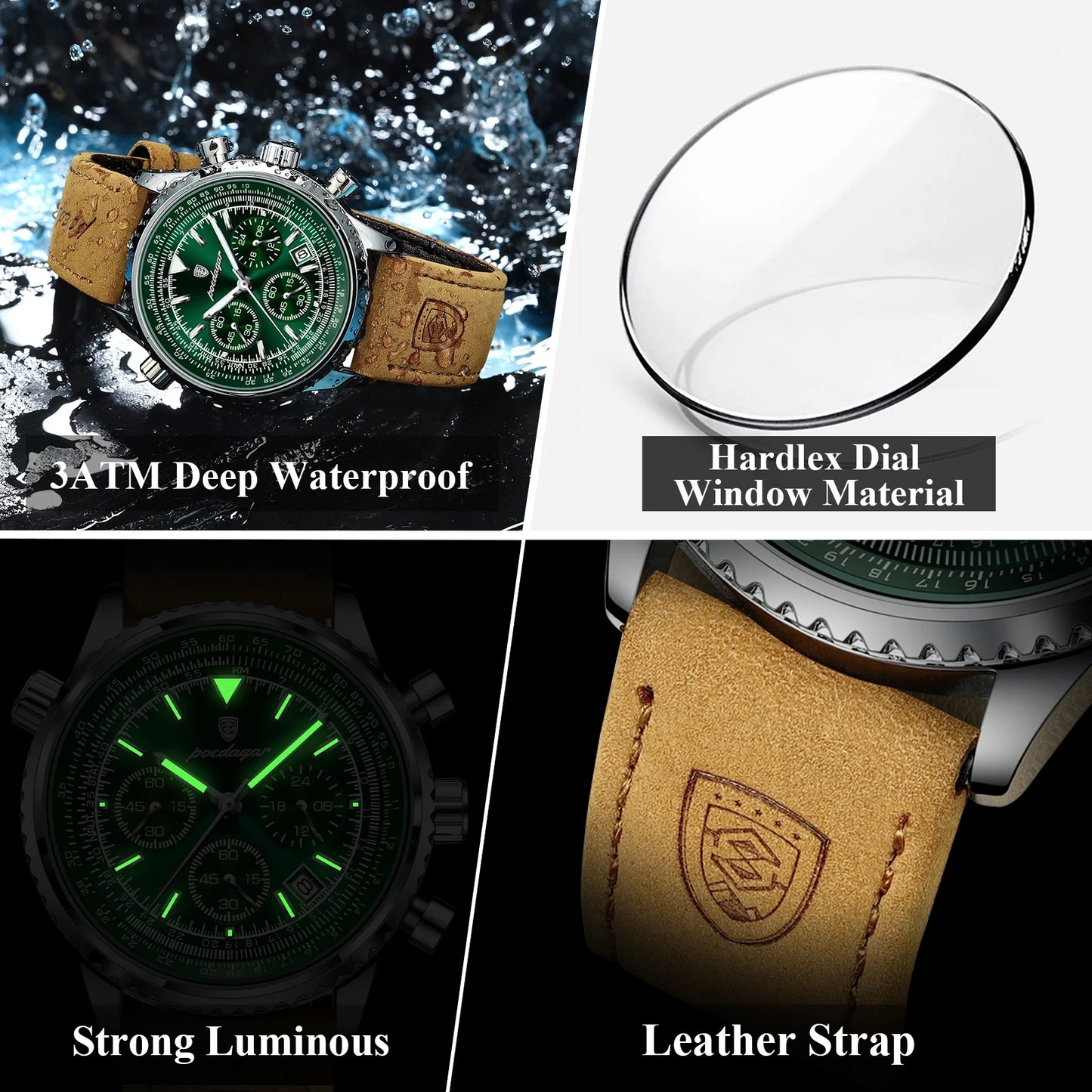 POEDAGAR Luxury Men's Chronograph Watch – Waterproof Quartz Leather Sports Timepiece