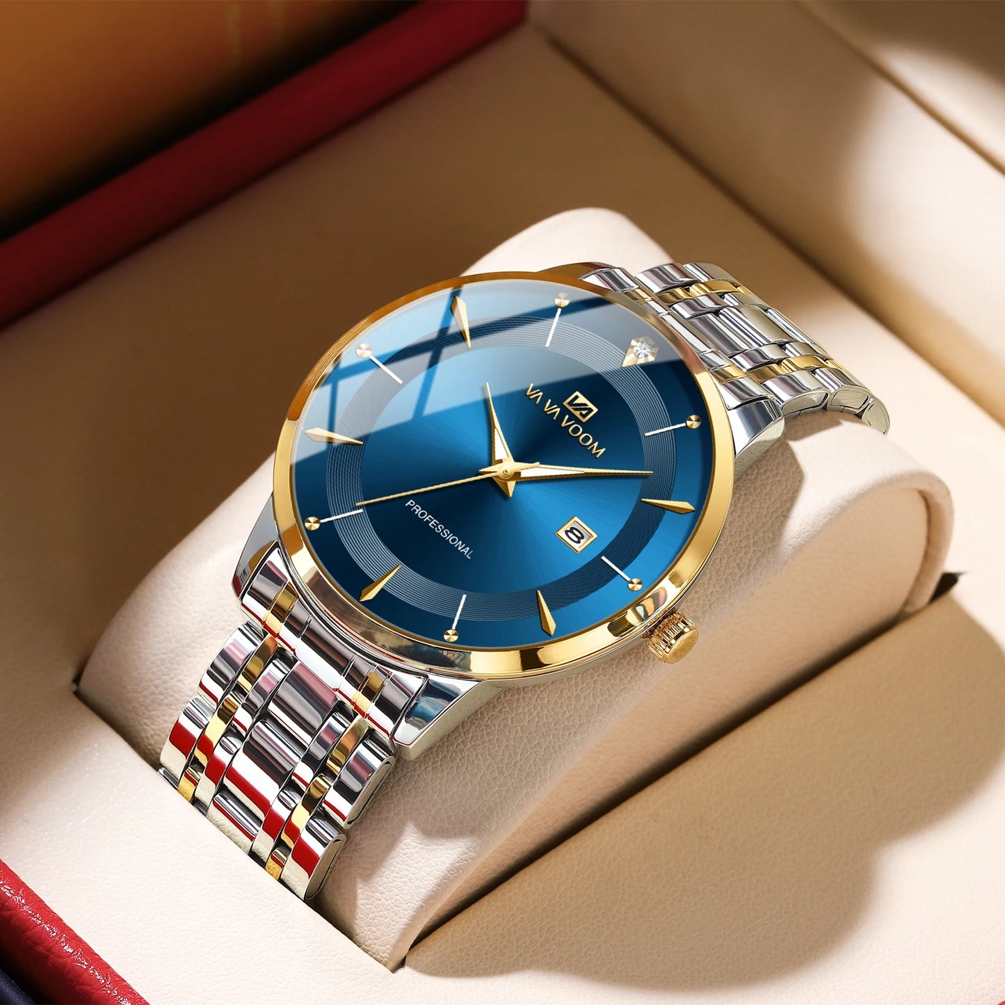 Luxury Men's Watch – Blue & Gold Quartz Stainless Steel with Rhinestones