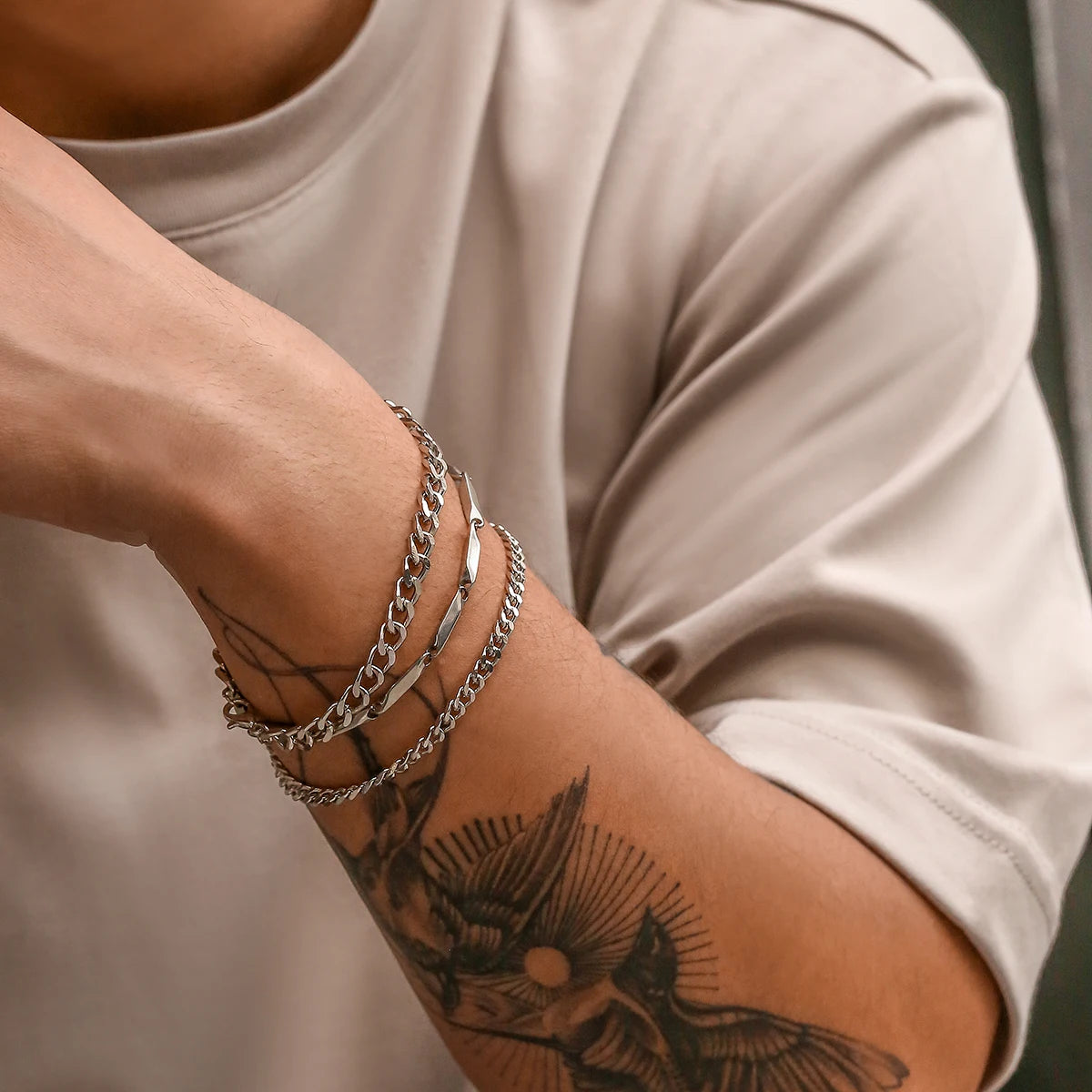 KunJoe 3-Piece Men's Cuban Chain Bracelet Set – Stainless Steel, Silver, Hip Hop Style
