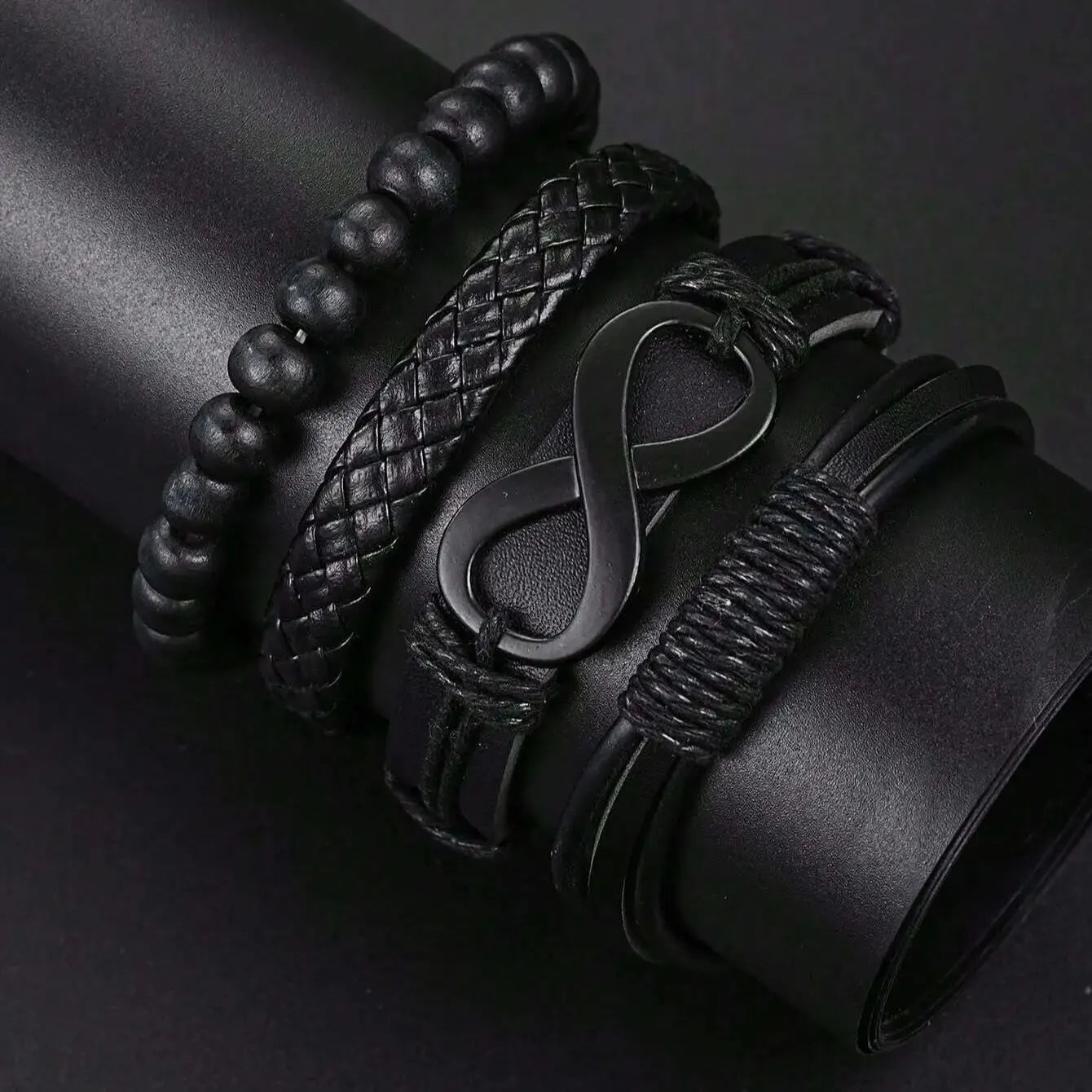 Men's 6-Piece Black Jewelry Set – Leather Bracelet, Mechanical Watch & Cross Necklace