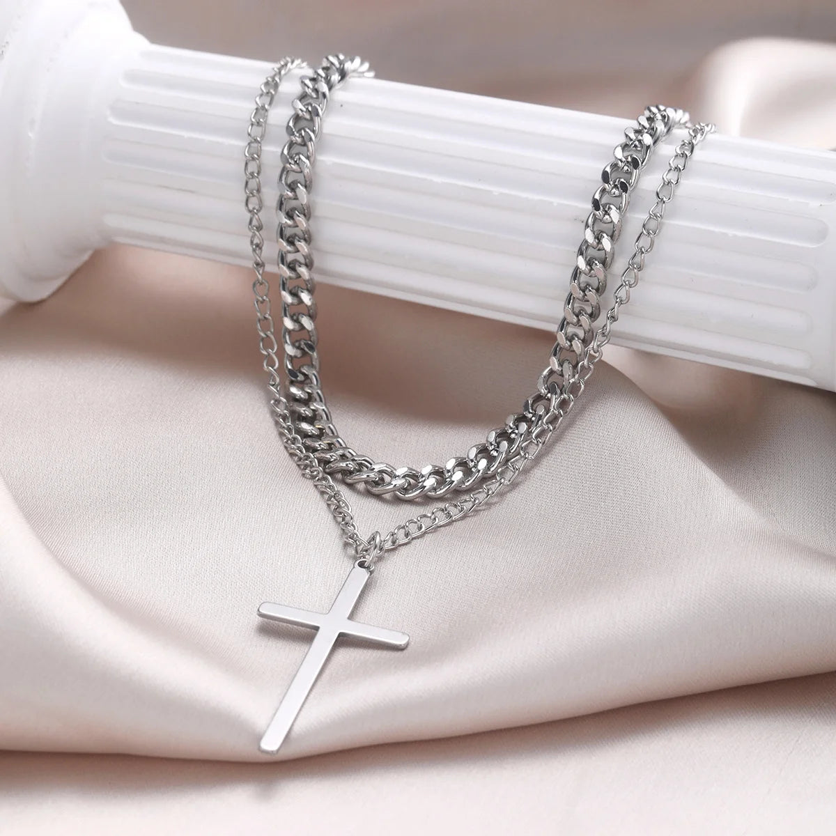 Punk Multilayer Cross Pendant Necklace -Vintage Cuban Chain