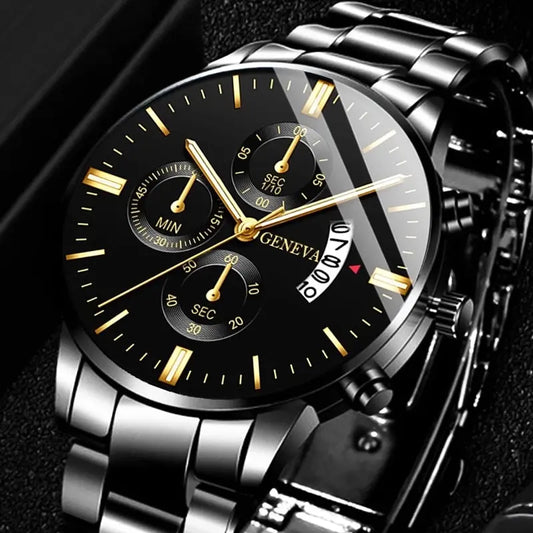 Black Stainless Steel Men's Watch - Luxury Quartz Calendar Wristwatch