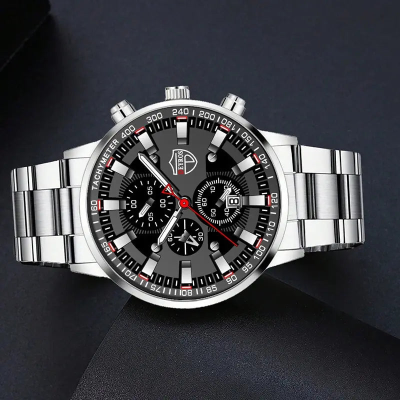 Men’s Luxury Stainless Steel Quartz Watch Set – Calendar Wristwatch with Bracelet & Necklace