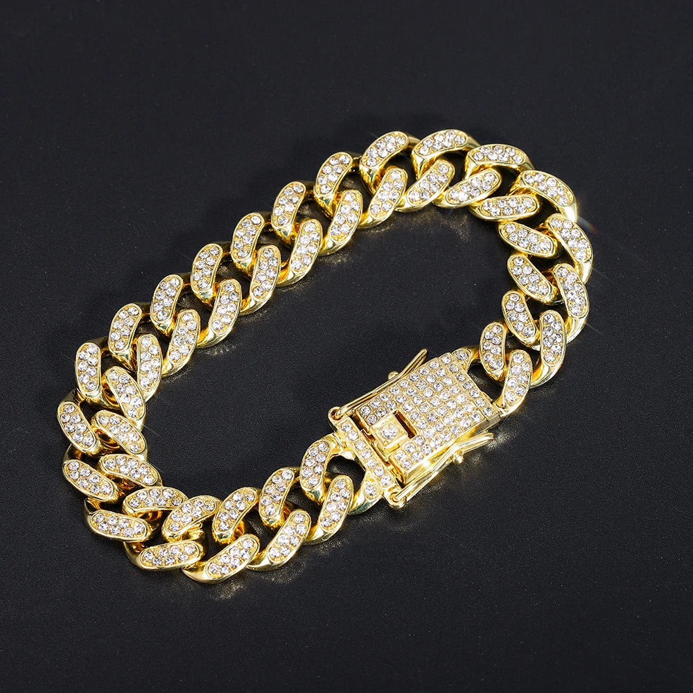 Shiny Gold Cuban Link Chain Bracelet – Iced Out Rhinestone Wristband for Men & Women