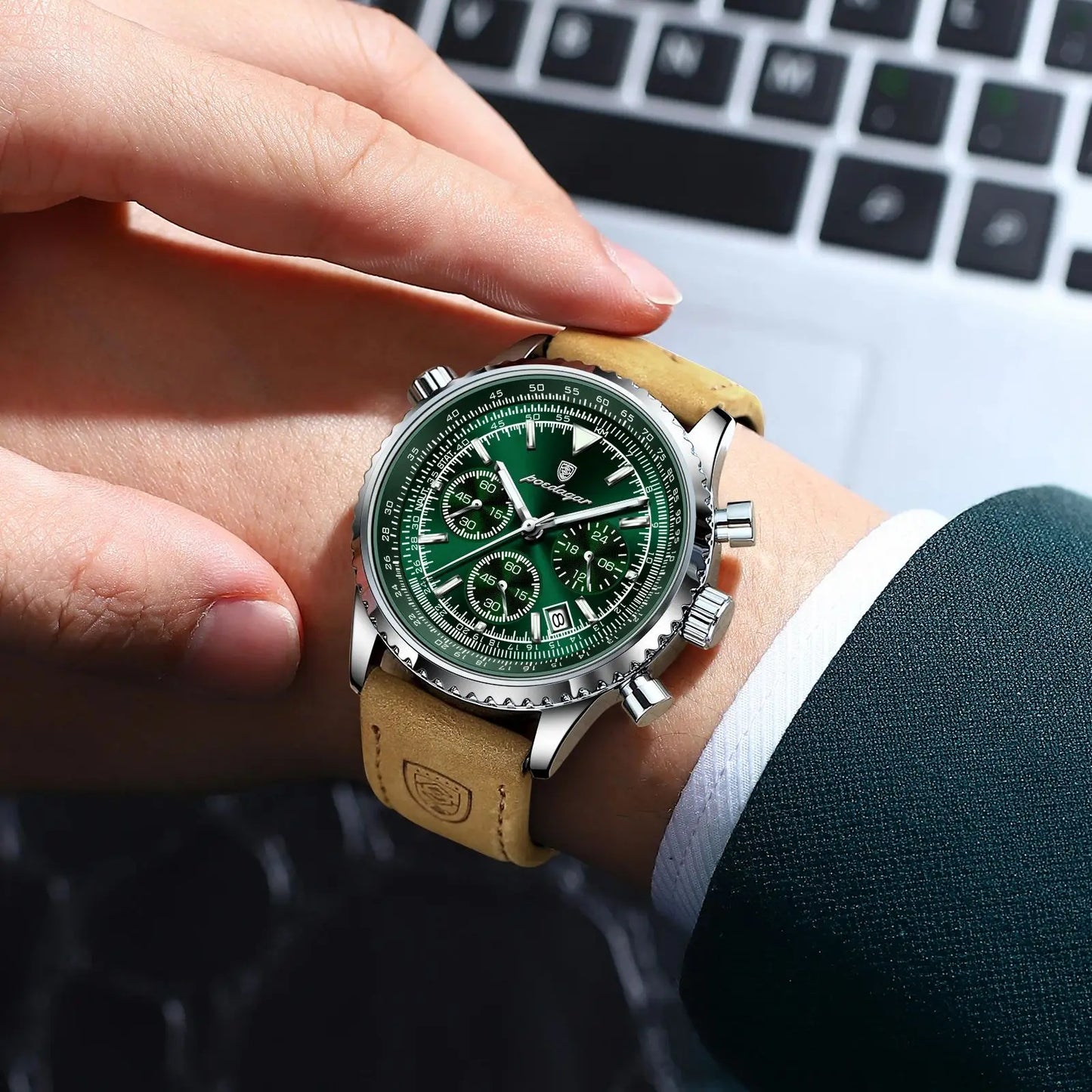POEDAGAR Luxury Men's Chronograph Watch – Waterproof Quartz Leather Sports Timepiece