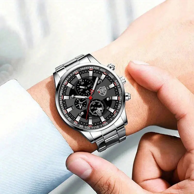 Men’s Luxury Stainless Steel Quartz Watch Set – Calendar Wristwatch with Bracelet & Necklace
