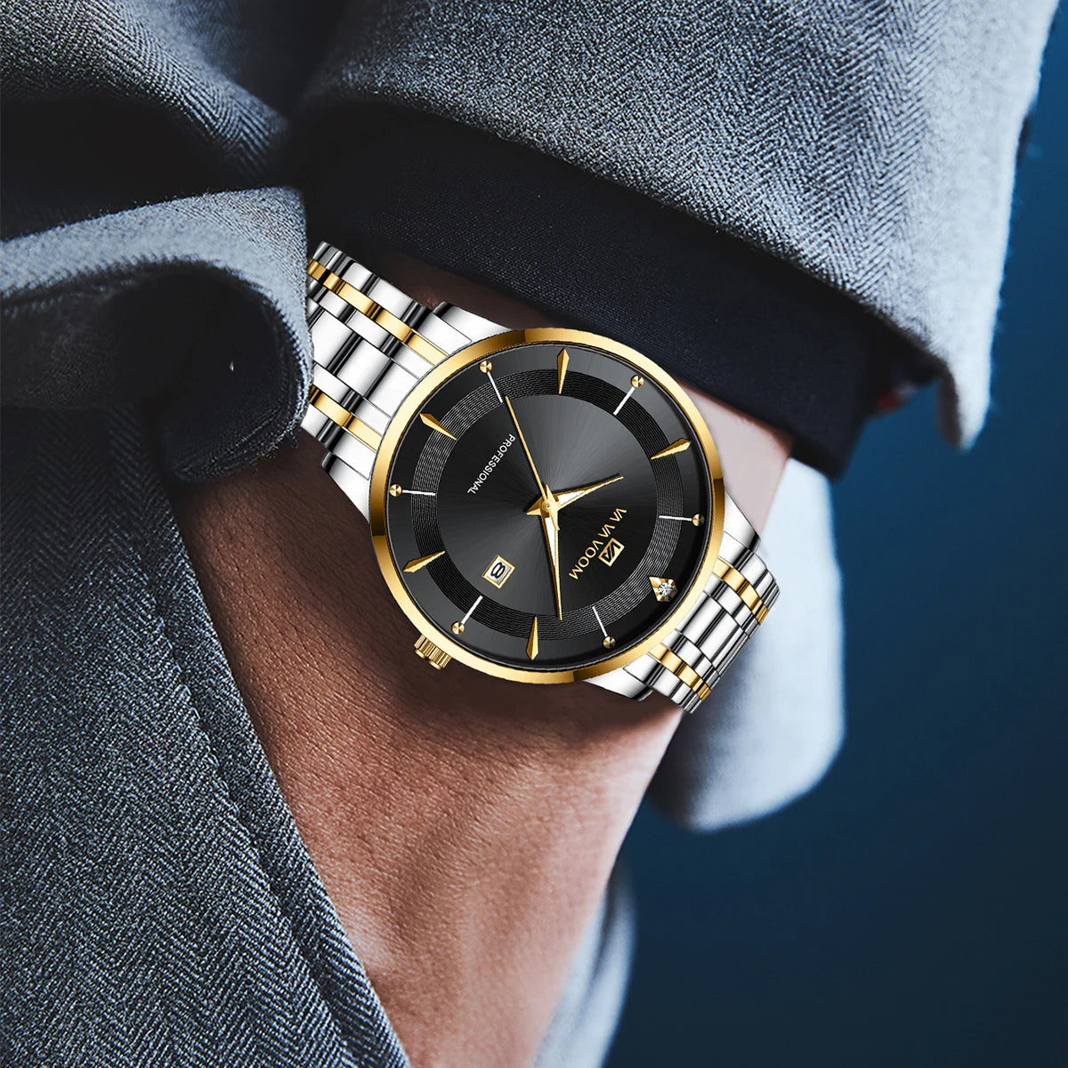 Luxury Men's Watch – Blue & Gold Quartz Stainless Steel with Rhinestones