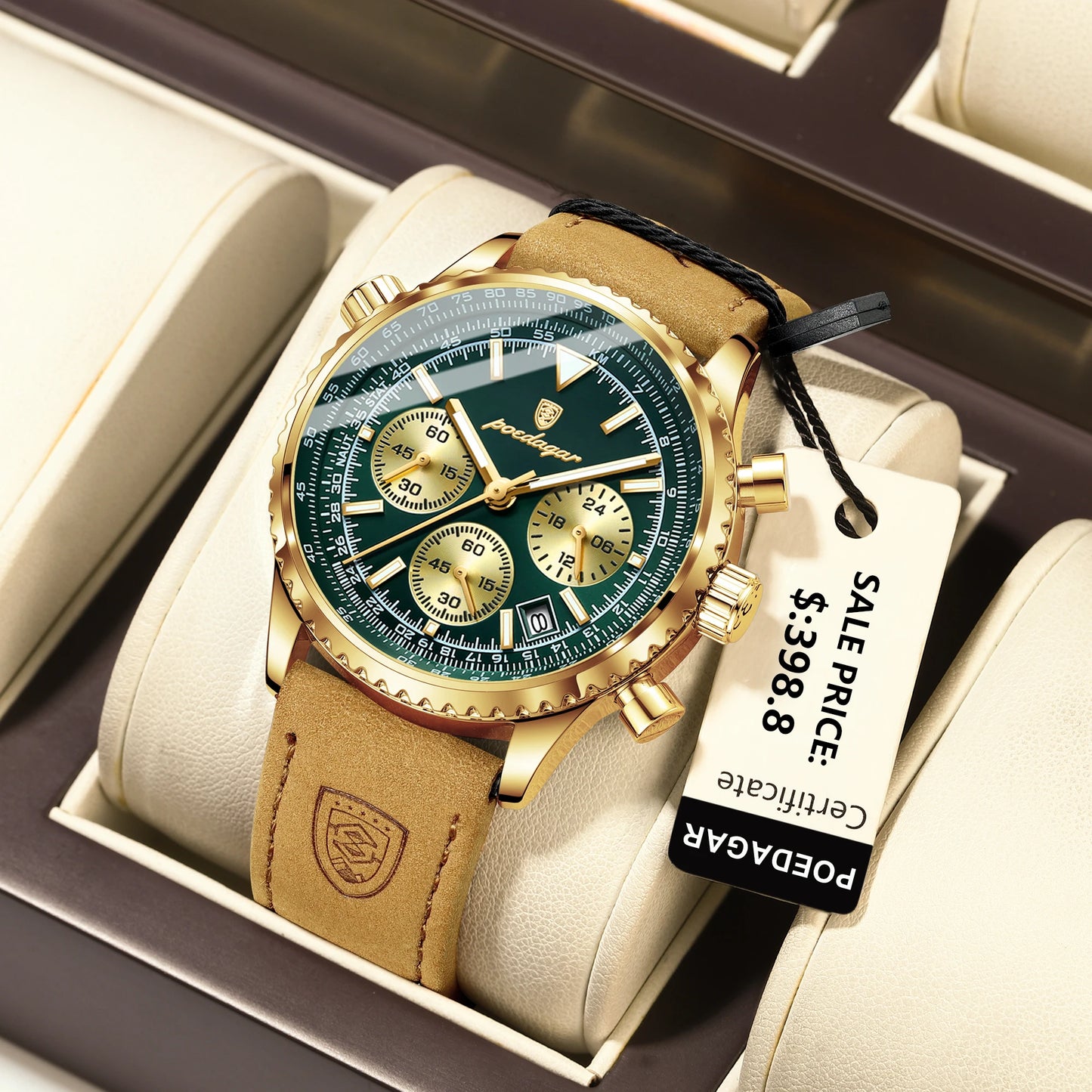 POEDAGAR Luxury Men's Chronograph Watch – Waterproof Quartz Leather Sports Timepiece