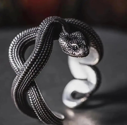 Vintage Black Python Snake Ring – Adjustable Punk Hip Hop Jewelry for Men & Women