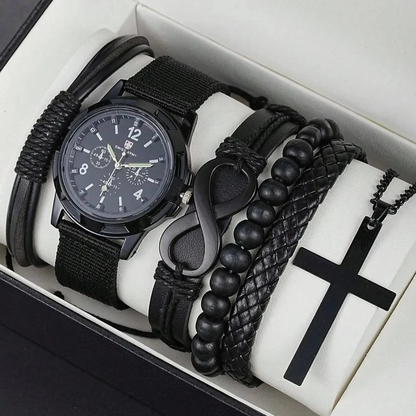 Men's 6-Piece Black Jewelry Set – Leather Bracelet, Mechanical Watch & Cross Necklace