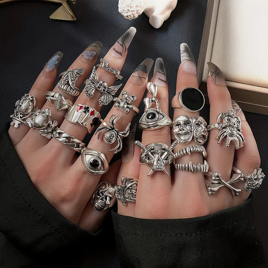 24Pcs/Set Punk Gothic Rings Sets Silver Color For Men & Women Fashion Hip Hop Jewelry