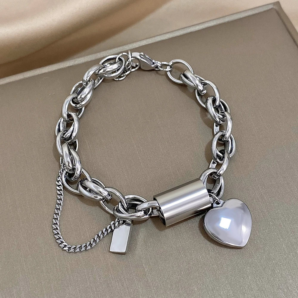 Heart Lock Stainless Steel Charm Bracelet Chunky Gold Plated Chain Love Bracelets