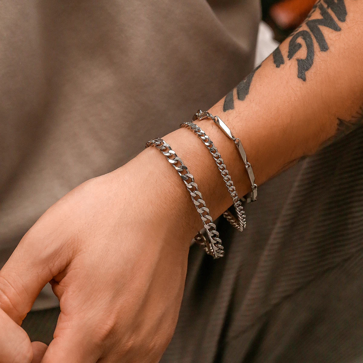 KunJoe 3-Piece Men's Cuban Chain Bracelet Set – Stainless Steel, Silver, Hip Hop Style